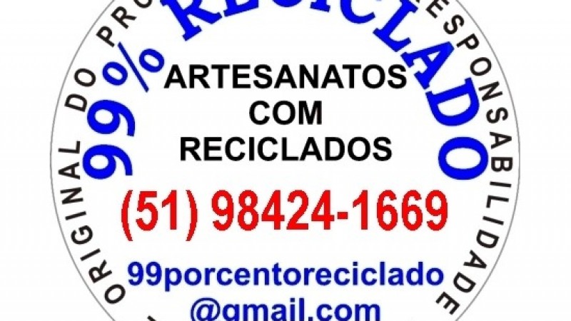 Logo circular com o nome e dados de contato do empreendimento "99% Reciclado"