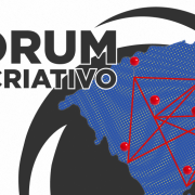 Card com fundo branco. Escrito em preto: F&oacute;rum RS criativo. No canto esquerdo do card, um mapa do rS com nove pontos marcados e onectados por uma linha.
