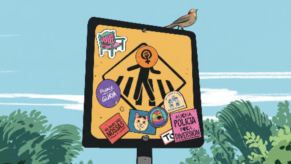 Ilustra&ccedil;&atilde;o e colagem: Imagem com c&eacute;u azule uma placa de tr&acirc;nsito com uma pessoa atravessando na faixa e muitos adesivos colados 